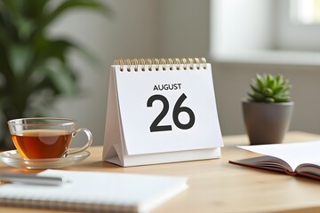 A calendar page flipping to August 26, set in a cozy desk scene.