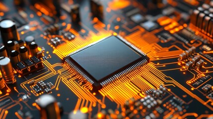 Abstract futuristic digital technology design with orange and yellow glowing elements surrounding a cpu on a circuit board, showcasing advanced hi-tech components and intricate details in 3d rendering