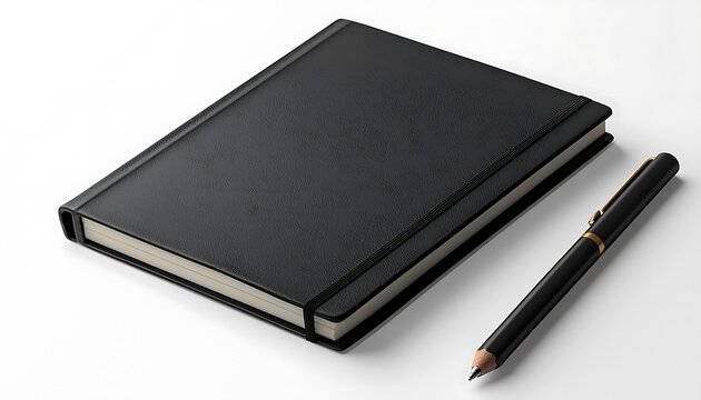 Closed black luxury planner notebook mockup on a white background, ideal for professional presentations.