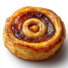 Golden swirl pastry with caramel glaze on white background