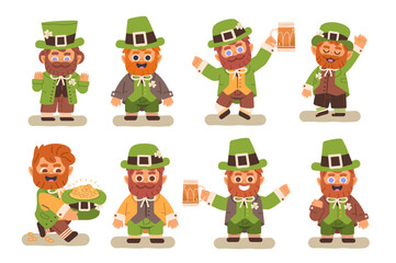 Eight different cute leprechauns on isolated background. Set of happy fantasy characters