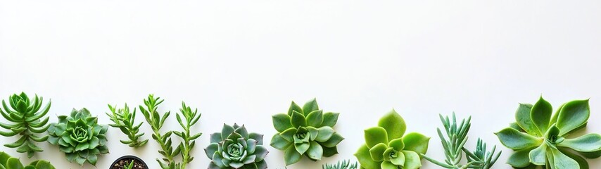 Edge of succulents on a white background, top view banner with copy space area. Modern home garden design concept. Green plants for interior decoration