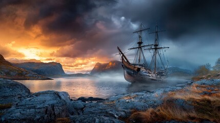 Obraz premium An eerie, weathered abandoned ship stranded on a rocky shore, with dramatic clouds and a moody atmosphere