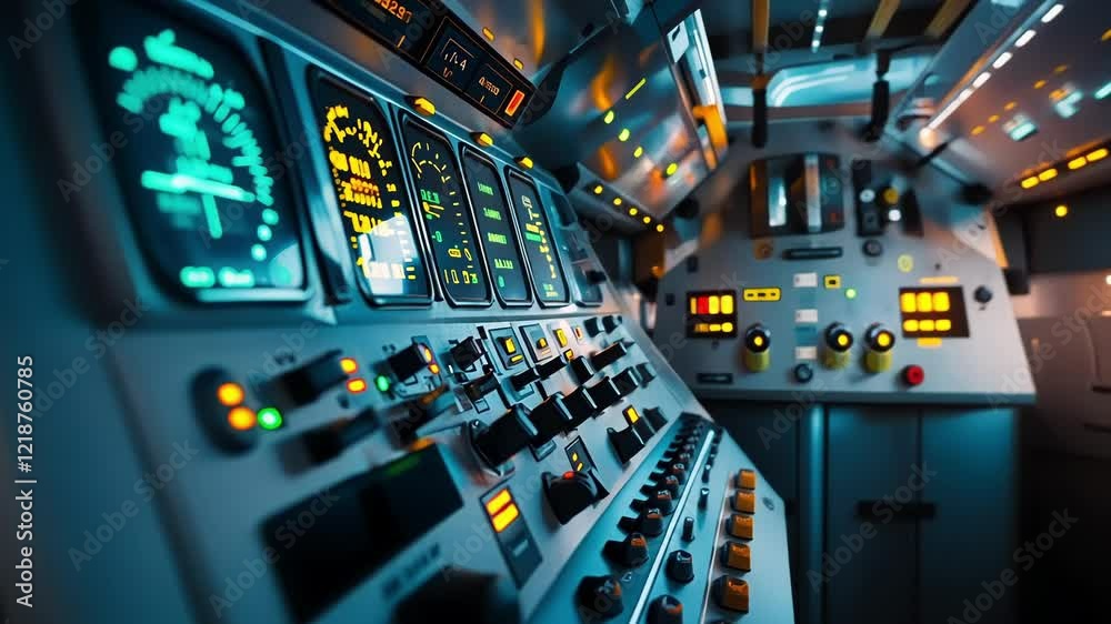 Poster control panel with illuminated displays and buttons showing data in a technological environment, sug