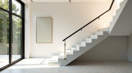 Modern Minimalist Interior Design Featuring a Sleek Marble Staircase and Large Window