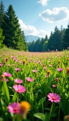 Obraz premium A field of pink wildflowers stretches towards the sky amidst a lush green meadow and towering trees, green, meadow, colors