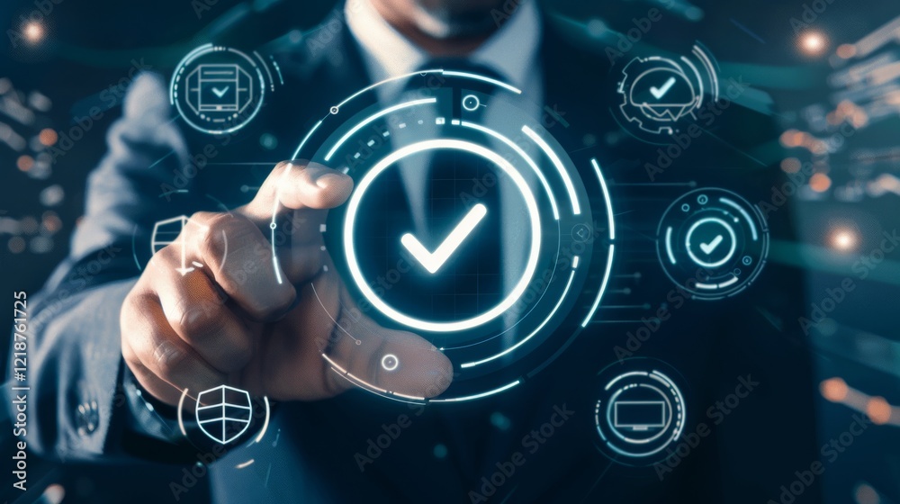 Poster a businessman uses a futuristic digital interface, emphasizing technology, innovation, and digital t