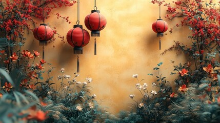 Obraz premium Serene Asian Garden with Red Lanterns