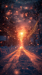 Fototapeta premium A serene winter evening scene, showcasing a snow-covered road illuminated by a spectacular sunset. The atmosphere is filled with falling snowflakes, adding a magical touch to the tranquil environment.
