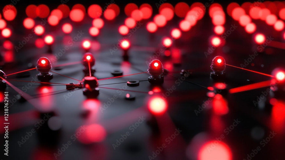 Poster a glowing red and black circuit pattern with pulsating light nodes.