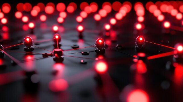 A glowing red and black circuit pattern with pulsating light nodes.