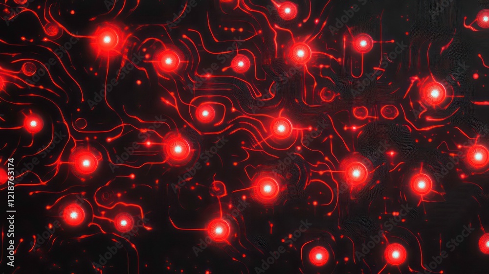 Poster a glowing red and black circuit pattern with pulsating light nodes.