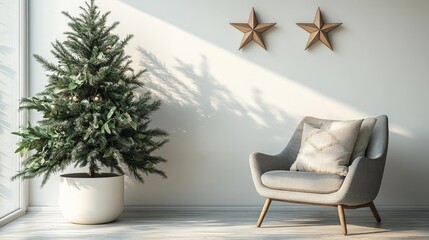 Fototapeta premium Contemporary Holiday Corner with Cozy Armchair and Tree. Generative AI