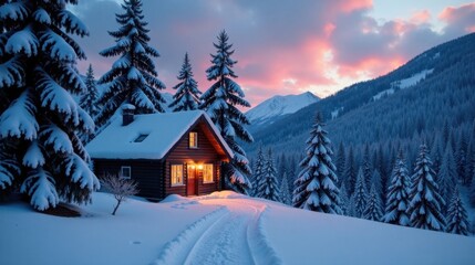 Winter Wonderland Cabin A Cozy Retreat in a Snowy Mountain Forest at Sunset