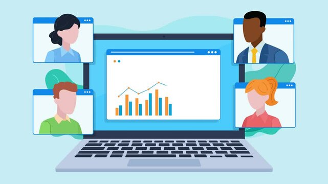 Laptop with data chart window on screen. Next to it are employee chat windows. Online meeting of employees and discussion of data. Animation in flat design style.