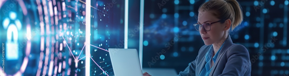 Poster a cybersecurity expert in a contemporary setting utilizes cuttingedge holographic digital security t