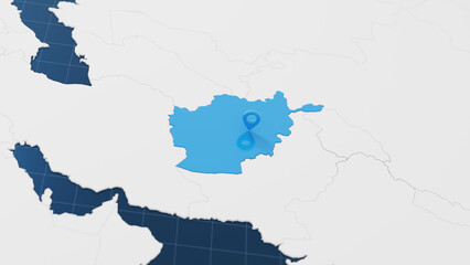Blue Afghanistan 3d map with pointer pin surrounded with other countries in white. Political map with borders. 3d render illustration