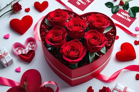Valentine's Day gift, heart-shaped box, red roses, pink ribbon, romantic card, red heart decorations, white background, soft lighting, love theme, gift ideas, floral arrangement, elegant composition,  - Powered by Adobe