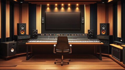  Modern music studio with recording equipment and mixing console on a wooden table, a chair in front of the desk