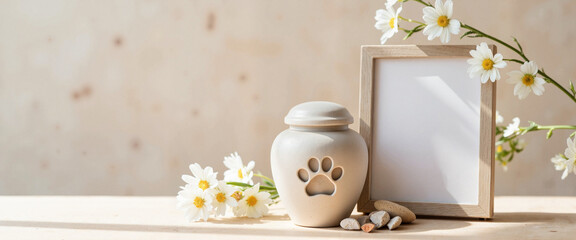 Serene memorial for beloved pet with urn and photo frame, remembrance