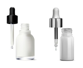 Cosmetic serum pipette dropper bottle set, vector mockup. Eye collagen flask with eyedropper, realistic template blank. Aroma essence treatment glass bottle mock up, health product