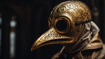 Golden Venetian plague doctor mask. Dramatic, mysterious ambiance