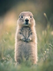 Fototapeta premium A photo of an adorable groundhog standing upright, with its head tilted and looking at the camera. The background is blurred grass to emphasize it as the focal point.
