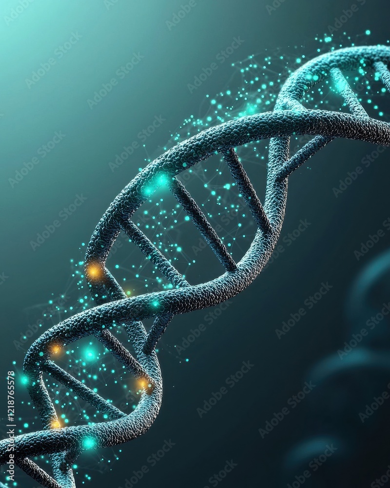 Poster exploring dna structures in a subtle gray and teal gradient background scientific visualization abst