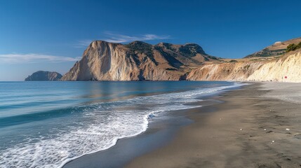 Obraz premium Sunny beach, waves, cliffs, tourists on distant shore