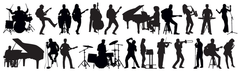 silhouettes set of musicians playing various musical instruments flat vector collection. Large musicians playing instruments together 
