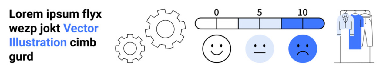 Emotion rating scale with happy, neutral, and sad faces, gears, and sample text. Ideal for customer satisfaction, feedback surveys, product reviews, mood tracking employee assessments user