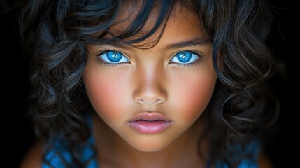 Fototapeta premium A child with sparkling blue eyes gazes directly at the viewer, her curly hair framing her face. The image captures her natural beauty and innocence against a dark background