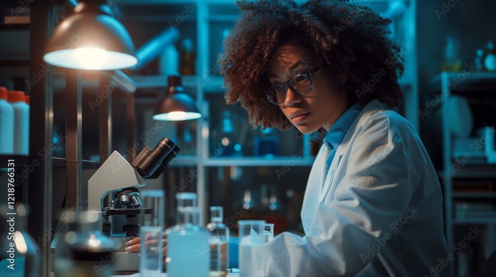 Poster in a bluelit laboratory setting, a scientist in a white lab coat and glasses displays professionalis