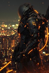 Futuristic Armored Warrior Above City Lights
