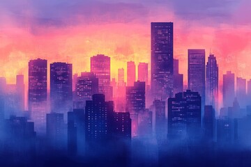 Colorful sunset over a city skyline with silhouettes of skyscrapers and vibrant hues merging in the sky