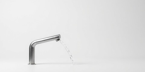 Clean modern metallic faucet dispensing a continuous stream of water against a minimalist white background