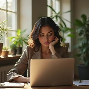 Una mujer hispana enfocada en su trabajo, utilizando su computadora port&aacute;til en una oficina contempor&aacute;nea, iluminada por luz natural y decorada con plantas que crean un ambiente fresco y acogedor.
