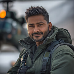 Obraz premium A photo of an attractive Indian man in his late thirties, wearing a green tactical jacket and black boots, with a helicopter in the background. He has short, combed-back hair and a