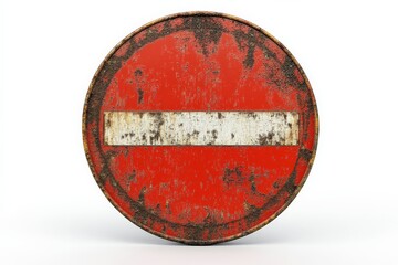 Weathered red no entry sign stands out against a clean background in an urban setting