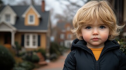 Fototapeta premium A young child with curly blonde hair gazes at the camera while wearing a warm jacket. The setting features picturesque houses and a serene atmosphere, typical of a fall day