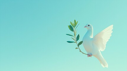 Fototapeta premium A serene landscape featuring a white dove gracefully holding an olive branch in its beak, symbolizing peace and ceasefire. The dove is set against a clean backdrop of a calm blue sky
