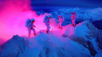 Astronauts Ascending a Snowy Mountain Peak Under Pink Light