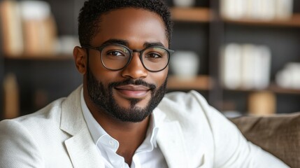 Obraz premium A man with a well-groomed beard and stylish glasses is sitting comfortably in a warm, inviting space filled with books, enjoying a content moment