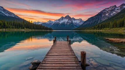 Fototapeta premium Tranquil Mountain Lake with Wooden Dock