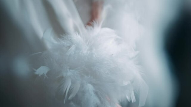 Female hands in a white robe with feathers