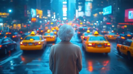 The elderly woman with white hair stands alone on a busy city street, gazing at the bright lights...