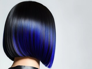 Woman showcasing trendy two tone hair coloring with black and blue gradient