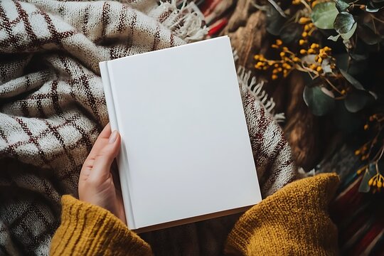 Hand holding a blank white book mockup with a customizable cover template.