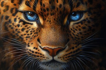 Majestic leopard with striking blue eyes gazes intensely in a darkened environment