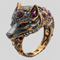 Obraz premium A detailed gold ring shaped like a wolf's head, showcasing intricate design and craftsmanship.